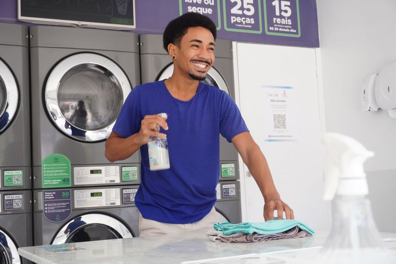 Laundry bags being organized at a service counter for an additional bag add-on